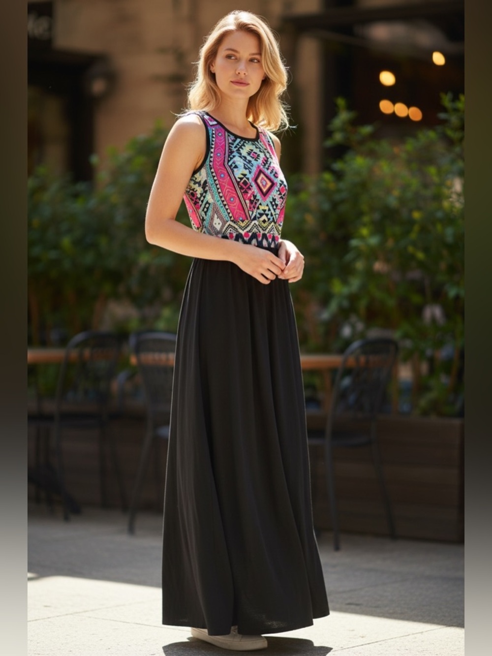 Sherosa Aztec Tribal Print Sleeveless Maxi Dress Black Geometric Size M Boho‎